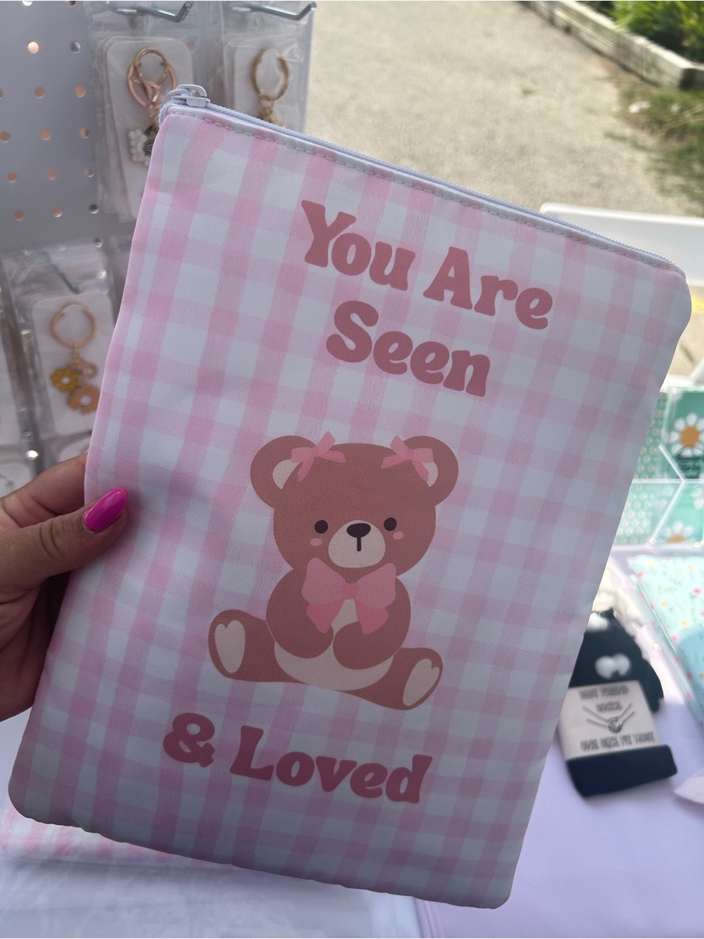 Pink Gingham Teddy Bear Book/Tablet Cover - "You Are Seen & Loved" with Zipper